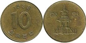 монета Южная Корея 10 вон 1988