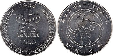 монета Южная Корея 1000 вон 1983
