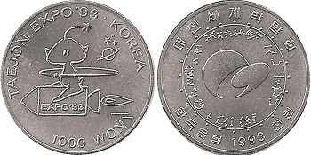 монета Южная Корея 1000 вон 1993