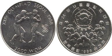 монета Южная Корея 2000 вон 1986