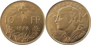 монета Швейцария 10 франков 1922