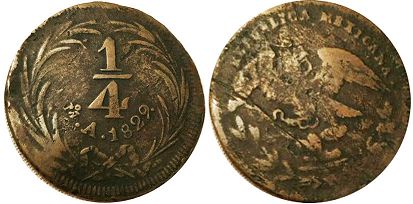 монета Мексика 1/4 реала 1829