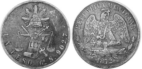 монета Мексика 1 песо 1872