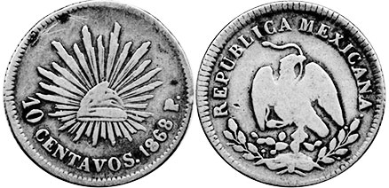Мексика монета 10 сентаво 1868