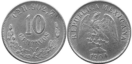 Мексика монета 10 сентаво 1904