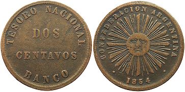 монета Аргентина 2 сентаво 1854