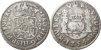 монета Мексика 2 реала 1754
