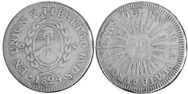монета Аргентина 2 соля 1824
