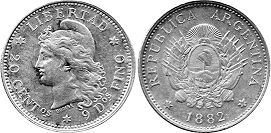 монета Аргентина 20 сентаво 1882