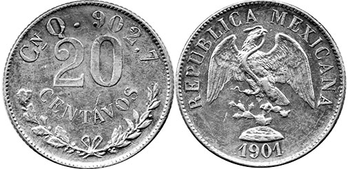 Мексика монета 20 сентаво 1901
