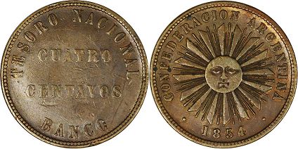 монета Аргентина 4 сентаво 1854
