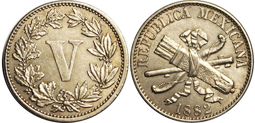 Мексика монета 5 сентаво 1882