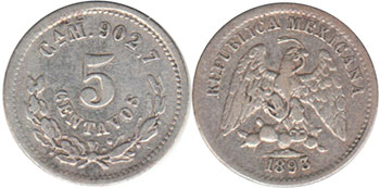 Мексика монета 5 сентаво 1893