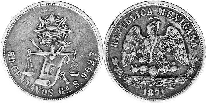 Мексика монета 50 сентаво 1871