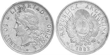 монета Аргентина 50 сентаво 1882