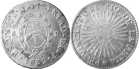 монета Аргентина 8 реалов 1832