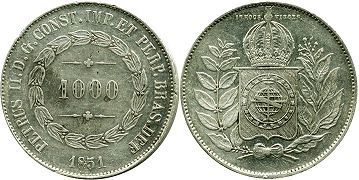 монета Бразилия 1000 рейс 1851