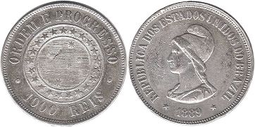 монета Бразилия 1000 рейс 1889