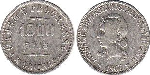 монета Бразилия 1000 рейс 1907
