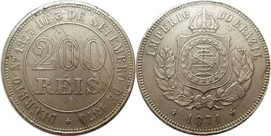 монета Бразилия 200 рейс 1871