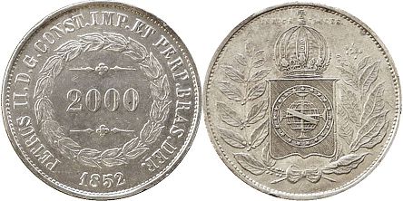 монета Бразилия 2000 рейс 1852