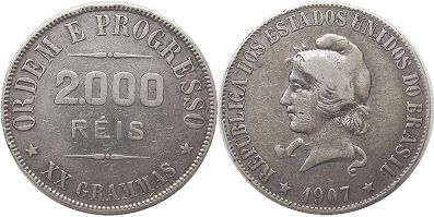 монета Бразилия 2000 рейс 1907