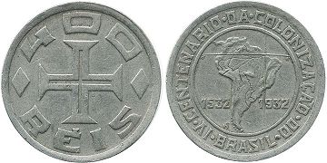 монета Бразилия 400 рейс 1932