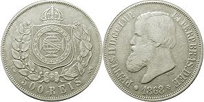 монета Бразилия 500 рейс 1868