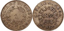 монета Аргентина Буэнос-Айрес 1 реал 1854