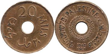 монета Палестина 20 милc 1942