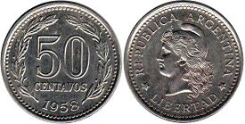 монета Аргентина 50 сентаво 1958