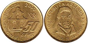 монета Аргентина 50 сентаво 2000 150 Years of Hose San Martin
