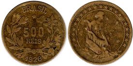 монета Бразилия 500 рейс 1928