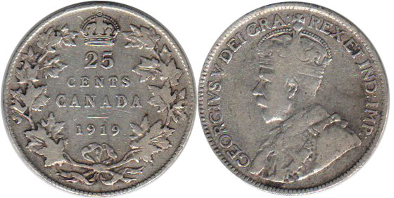 монета Канада монета 25 центов 1919