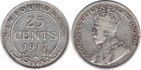 монета Ньюфаундленд 25 центов 1917