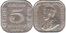 монета Цейлон 5 центов 1926