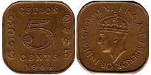 монета Цейлон 5 центов 1944