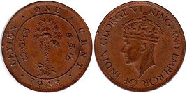 монета Цейлон 1 цент 1943