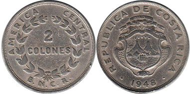 монета Коста-Рика 2 колона 1948