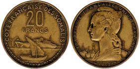 монета Французское Сомали 20 франков 1952