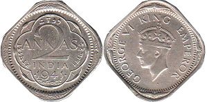 монета Британская Индия 2 анны 1941