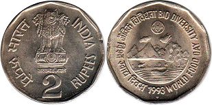 монета Индия 2 рупии 1993 