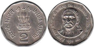 монета Индия 2 рупии 1998 Sri Aurobindo