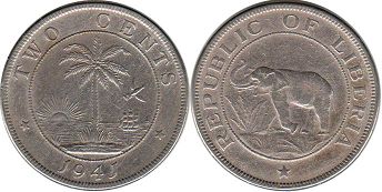 монета Либерия 2 цента 1941