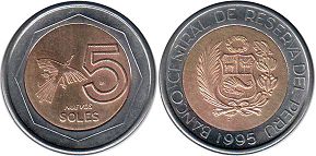 монета Перу 5 новых солей 1995