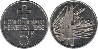 монета Швейцария 5 франков 1986