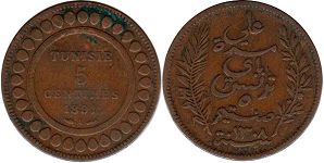 монета Тунис 5 сантимов 1891