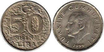 монета Турция 50000 лир 1999