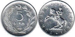 монета Турция 5 лир 1981
