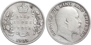 монета Британская Индия 1/2 рупии 1905